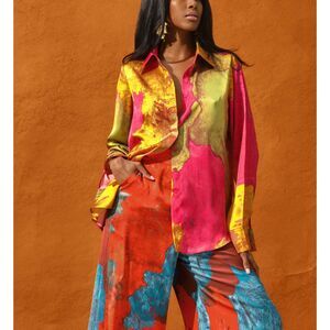 ANDREA‎ IYAMAH Vana Printed Satin Button Down Medium